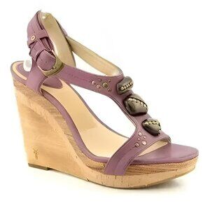 Frye Stone & Studs Studded Purple Pink Leather & Wood Slingback Heels Wedges 9